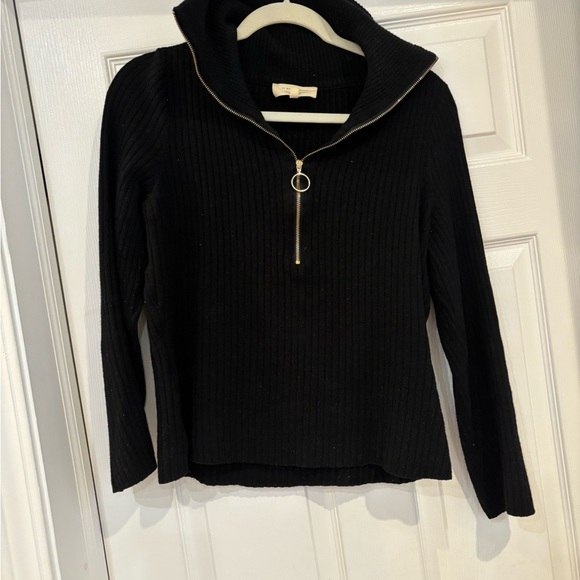 Sezane Black Ribbed Merino/Cotton blend half-zip Sweater - Picture 2 of 8